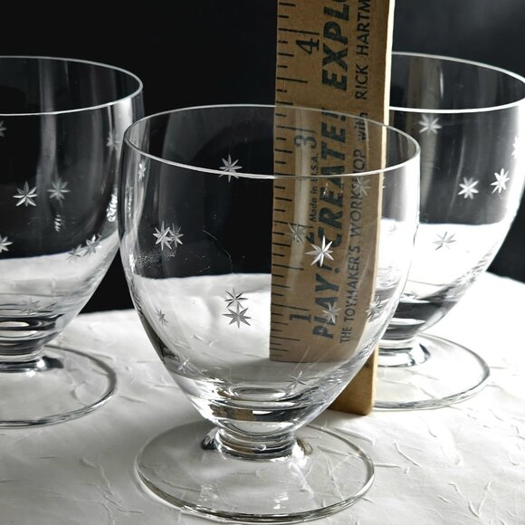 3 Atomic Starburst Footed Cocktail Glasses 3" vintage etched glass 1950s MCM - Picture 5 of 7